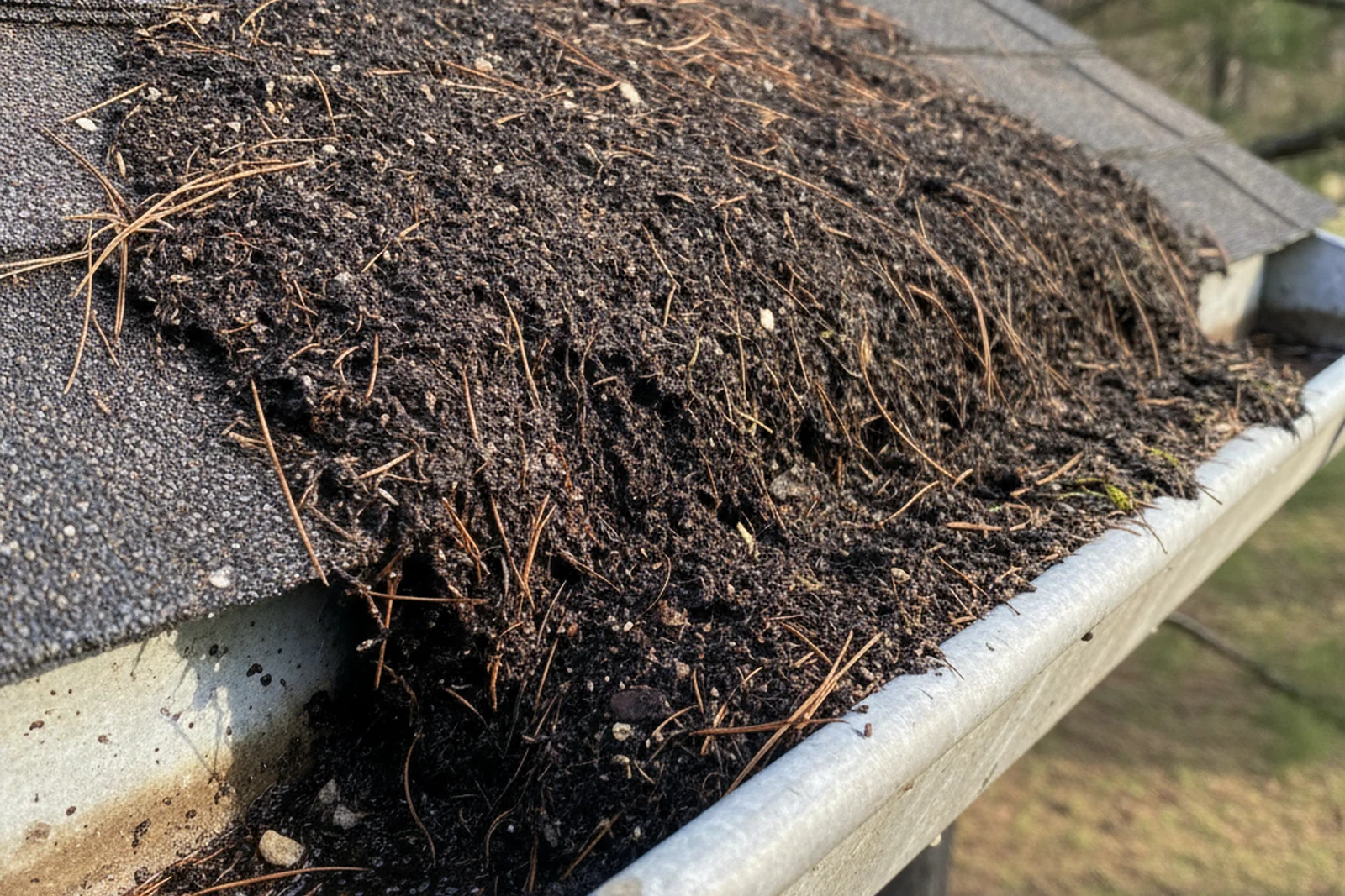 Pine needles and roof grit packed in an open residential gutter in Pine Bluff Arkansas