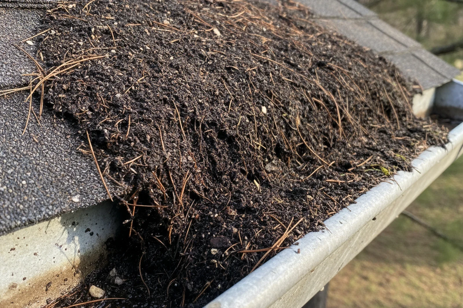 Pine needles and roof grit packed in an open residential gutter in Pine Bluff Arkansas