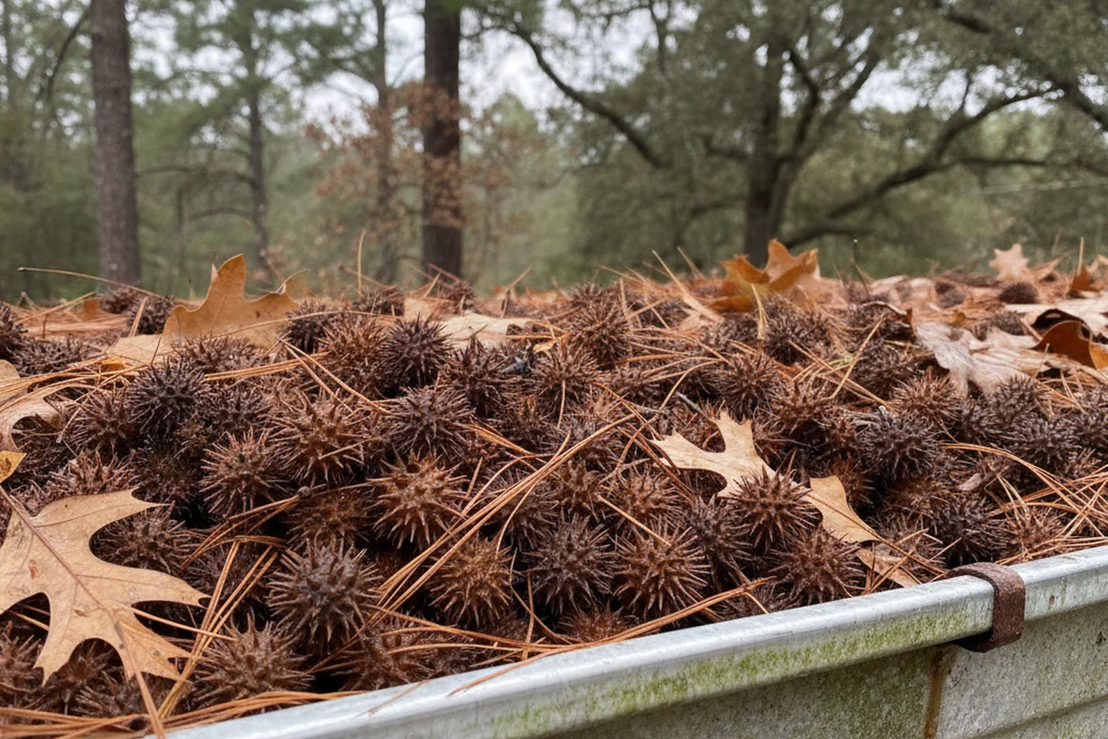 Sweetgum seed pods and oak leaves clogging a residential gutter in Pine Bluff Arkansas